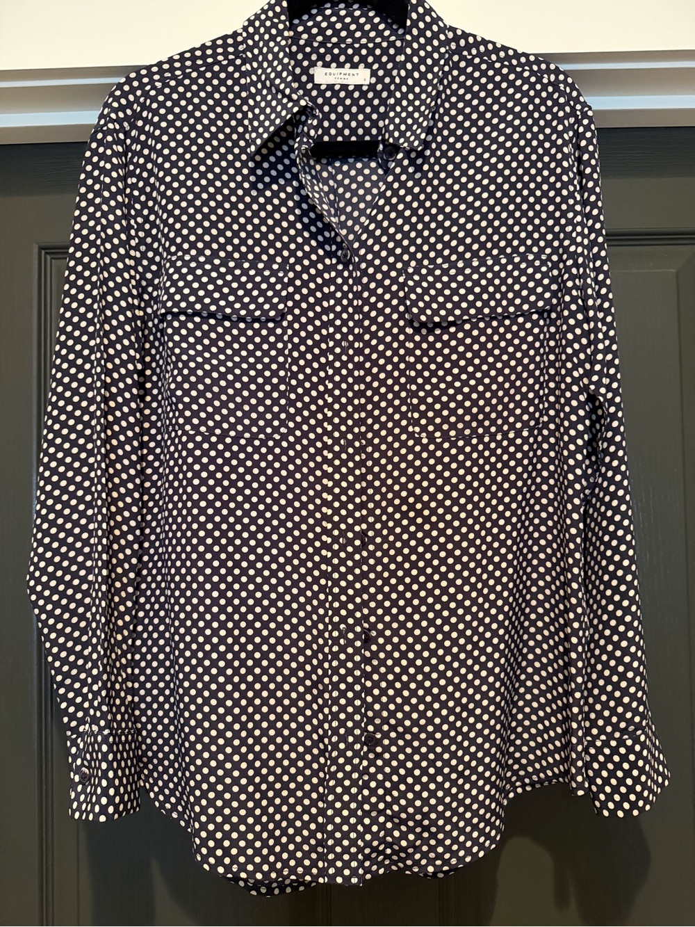 Equipment women's 100% silk Navy Polka Dot Button-Up Shirt